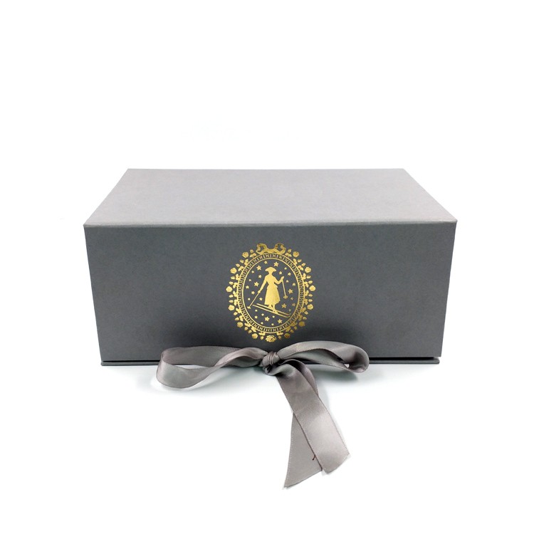 Grey gift box with ribbon closure