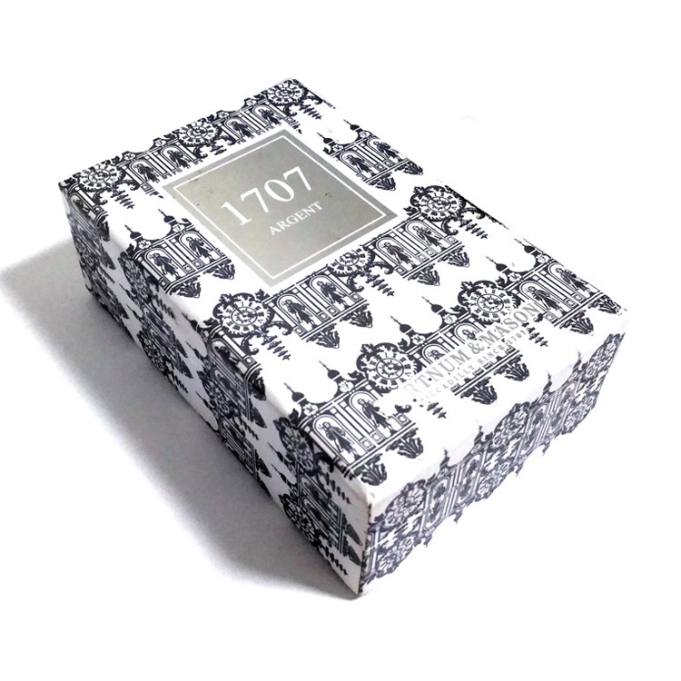 Hinged lid perfume box with silver foil artwork